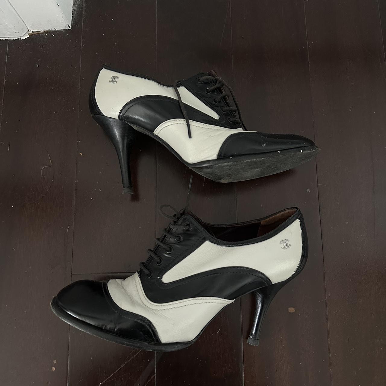 Black and white Chanel Oxford Heeled Shoes Depop