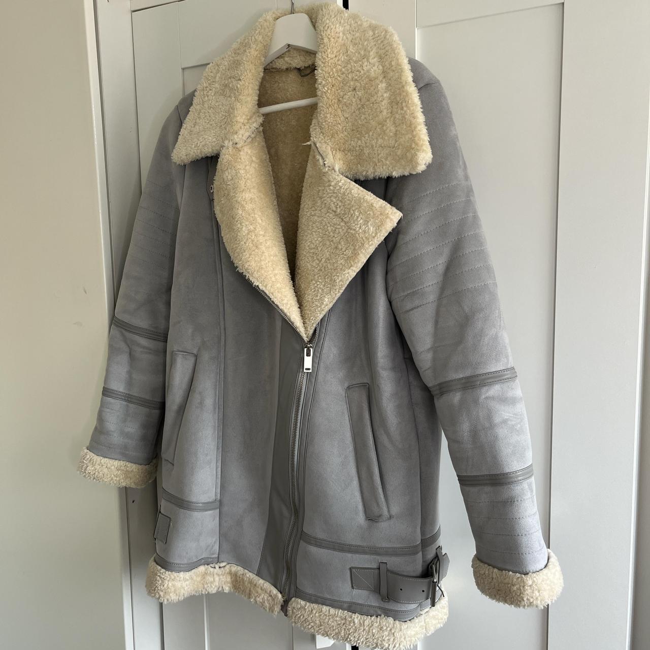 Zara Aviator suede jacket Pale blue suede and cream. Depop