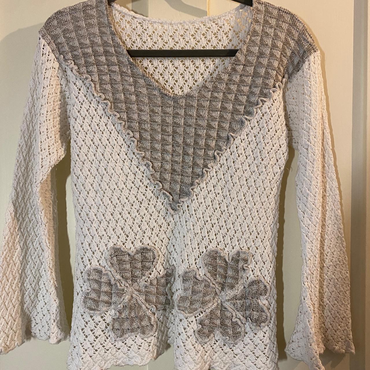 true vintage 70s style white knit crochet jumper... Depop