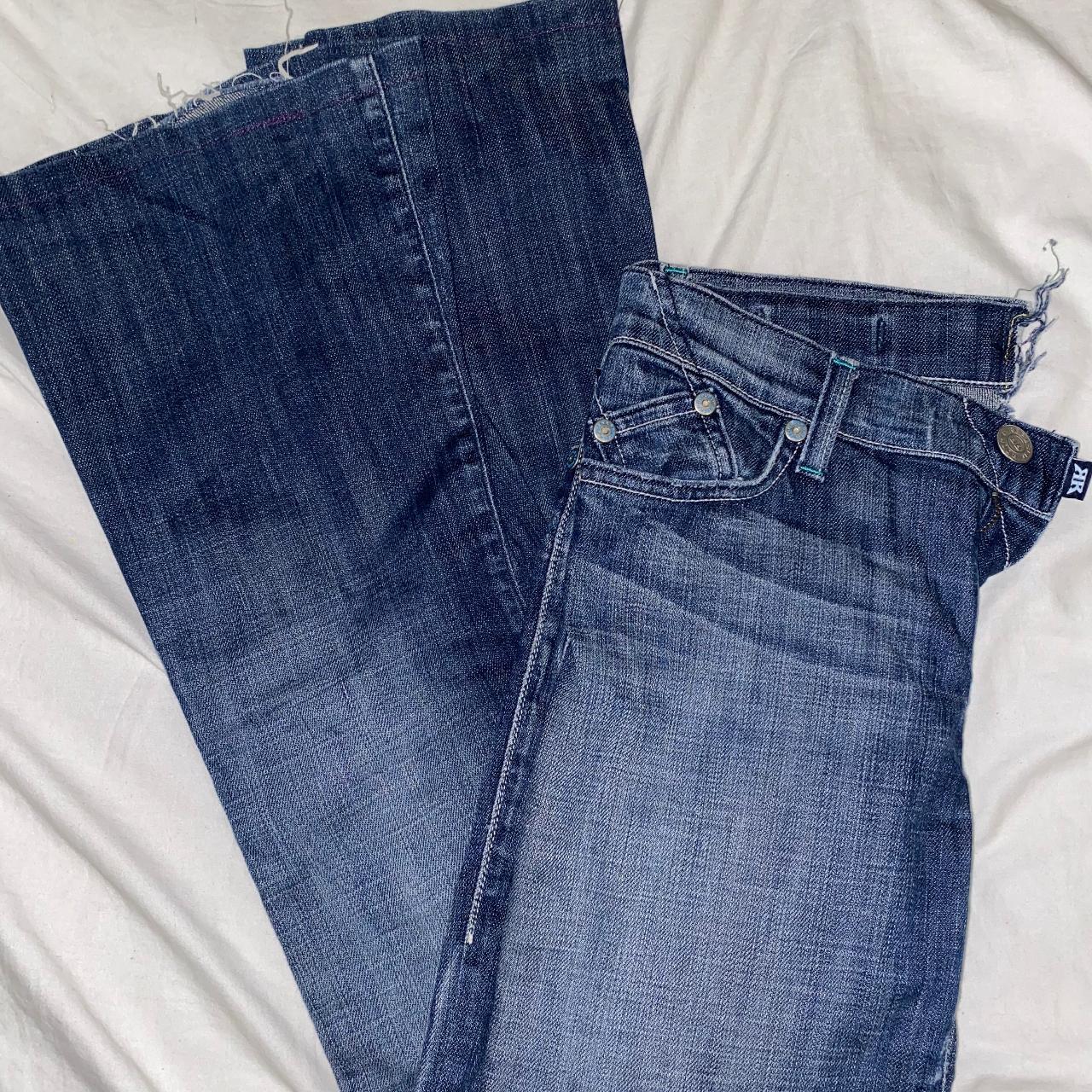 y2k dark wash grain bootcut/flare style jeans with... - Depop