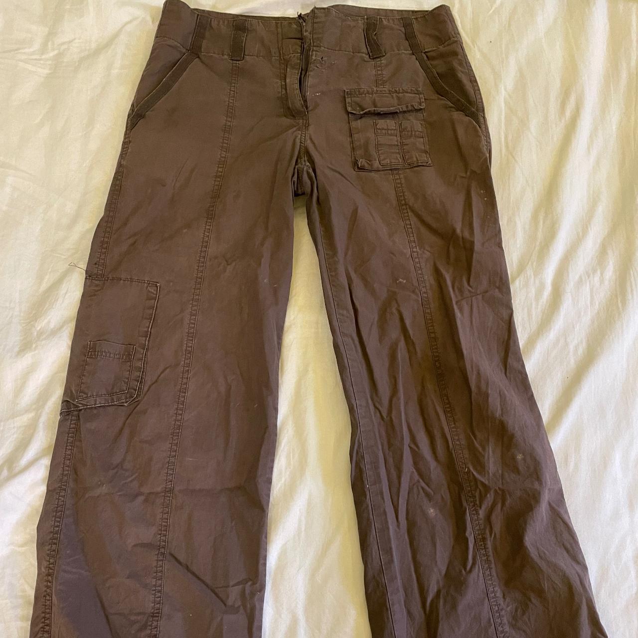 brown 90s grunge utility low-waisted cargo trousers... - Depop