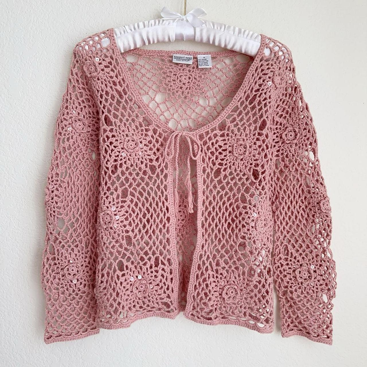 Vintage dusty pink crochet cardigan ♡ has sequin... - Depop