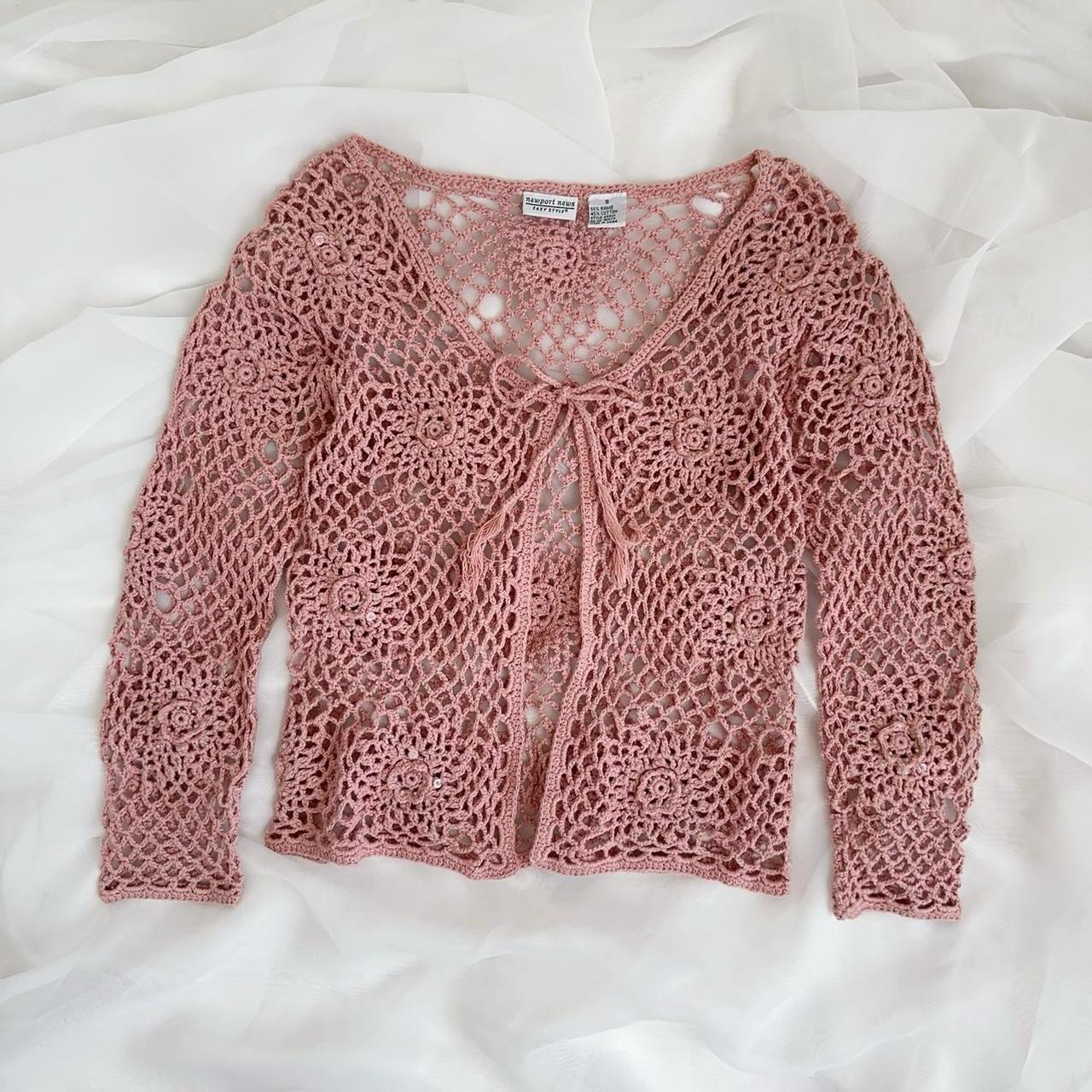 Vintage dusty pink crochet cardigan ♡ has sequin... - Depop