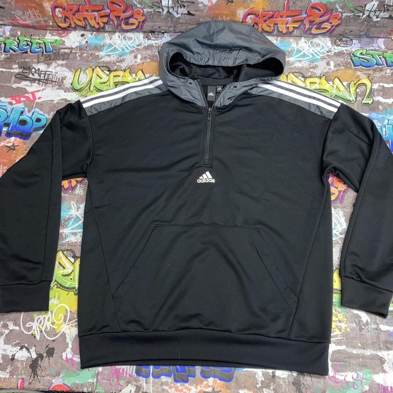 Adidas black hoodie with grey trim 3 white stripes ... - Depop