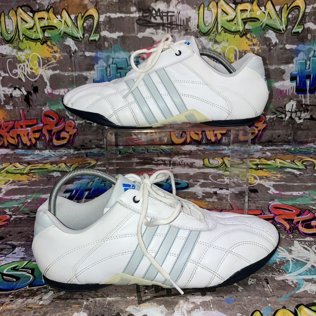 Adidas white leather trainers with light blue 3... - Depop