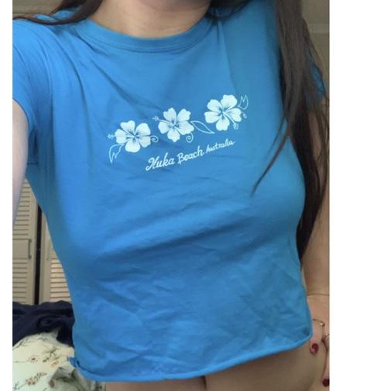 Blue baby tee - size 8 kids but worn on a size small... - Depop