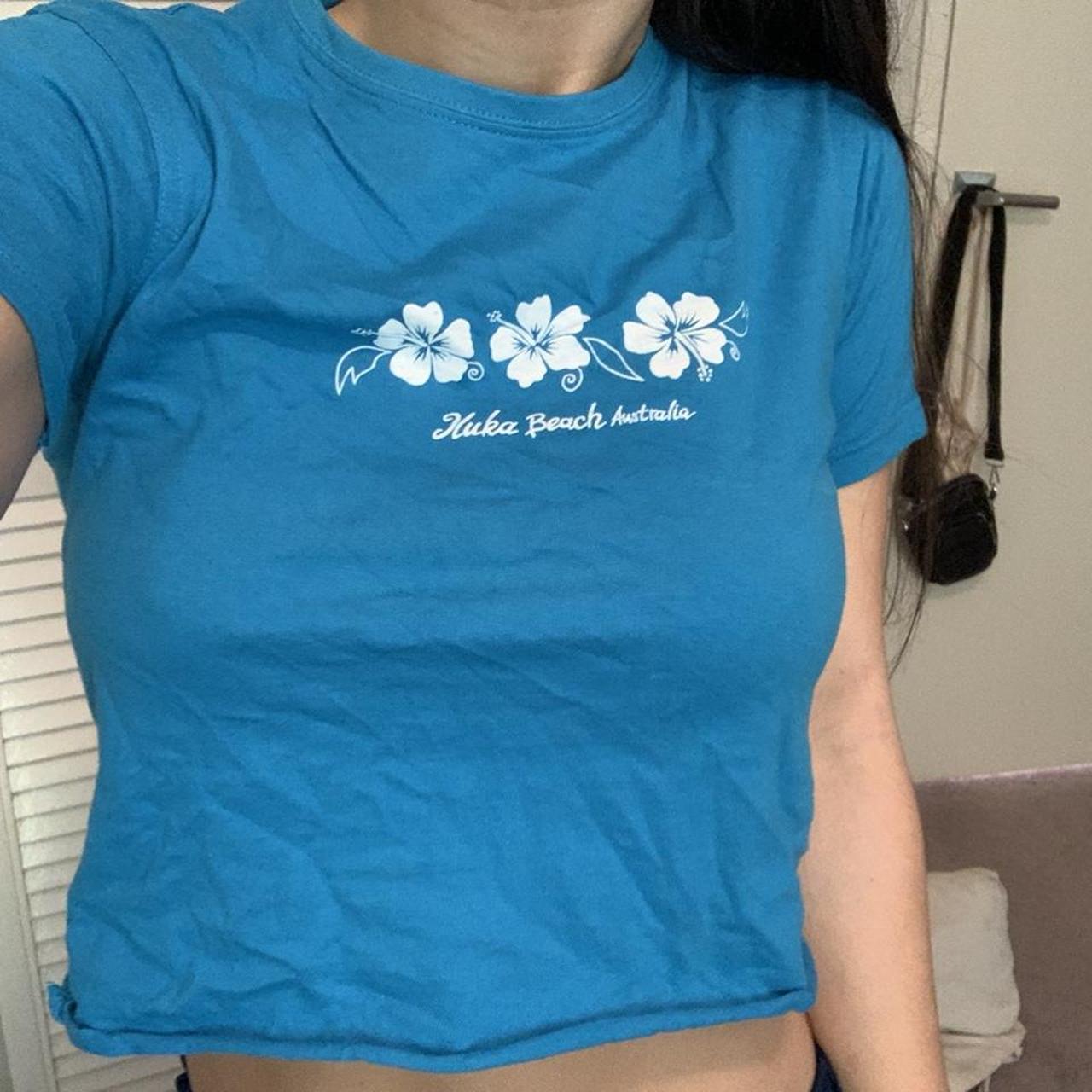 Blue baby tee - size 8 kids but worn on a size small... - Depop