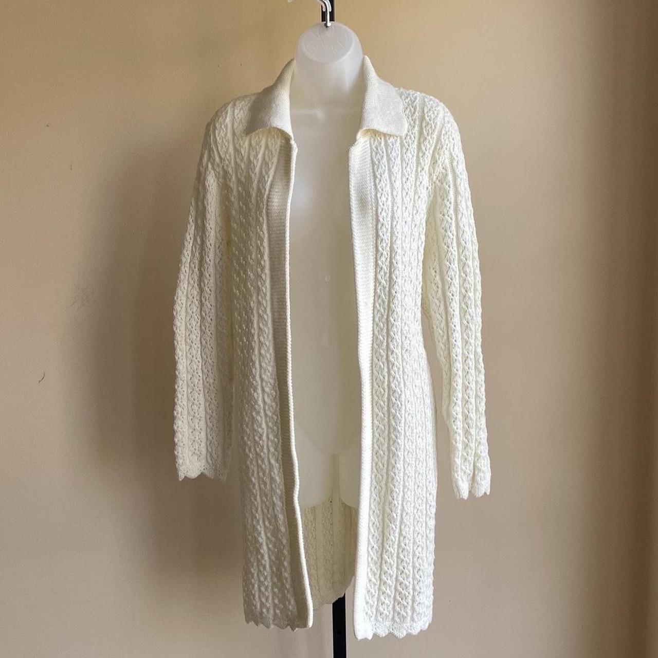 Vintage 80’s Long White Sweater Jacket Coat Cardigan... Depop