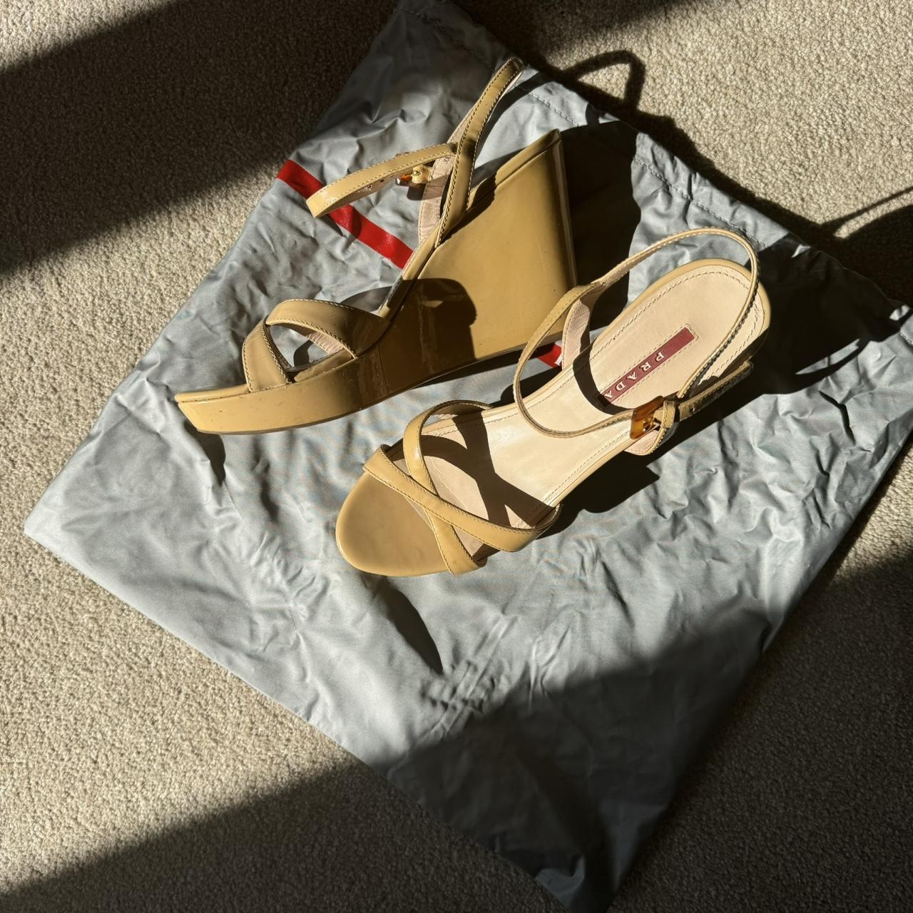 Prada patent leather wedge sandals hotsell