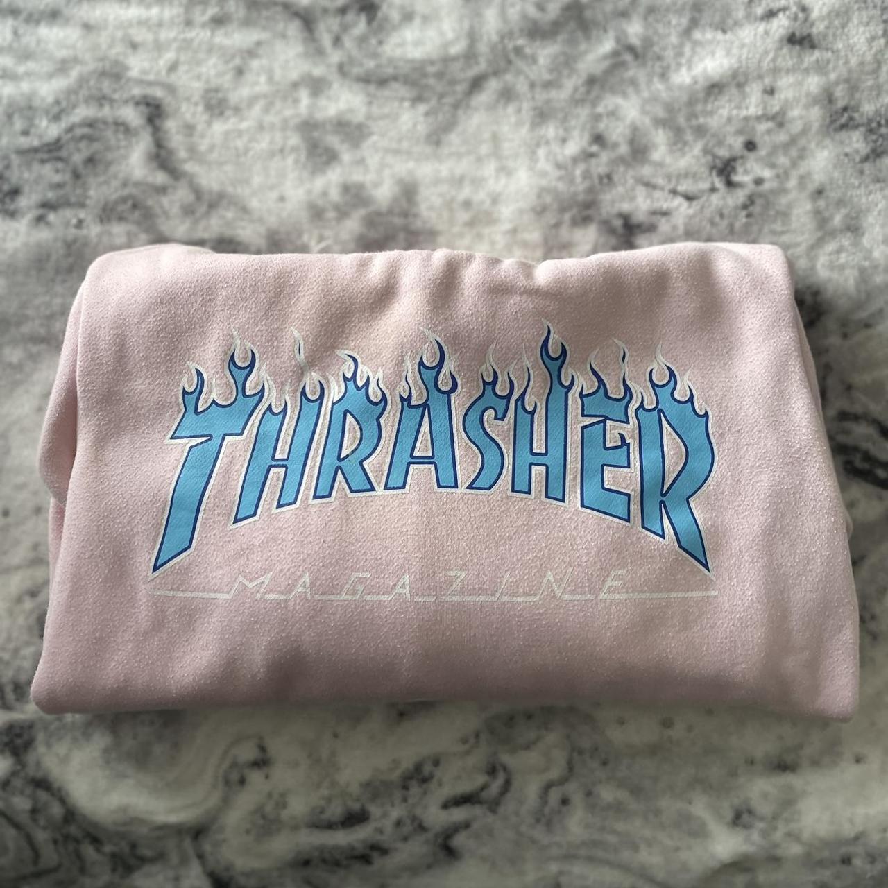 Thrasher Hoodie Pink with Blue writing design Size. Depop