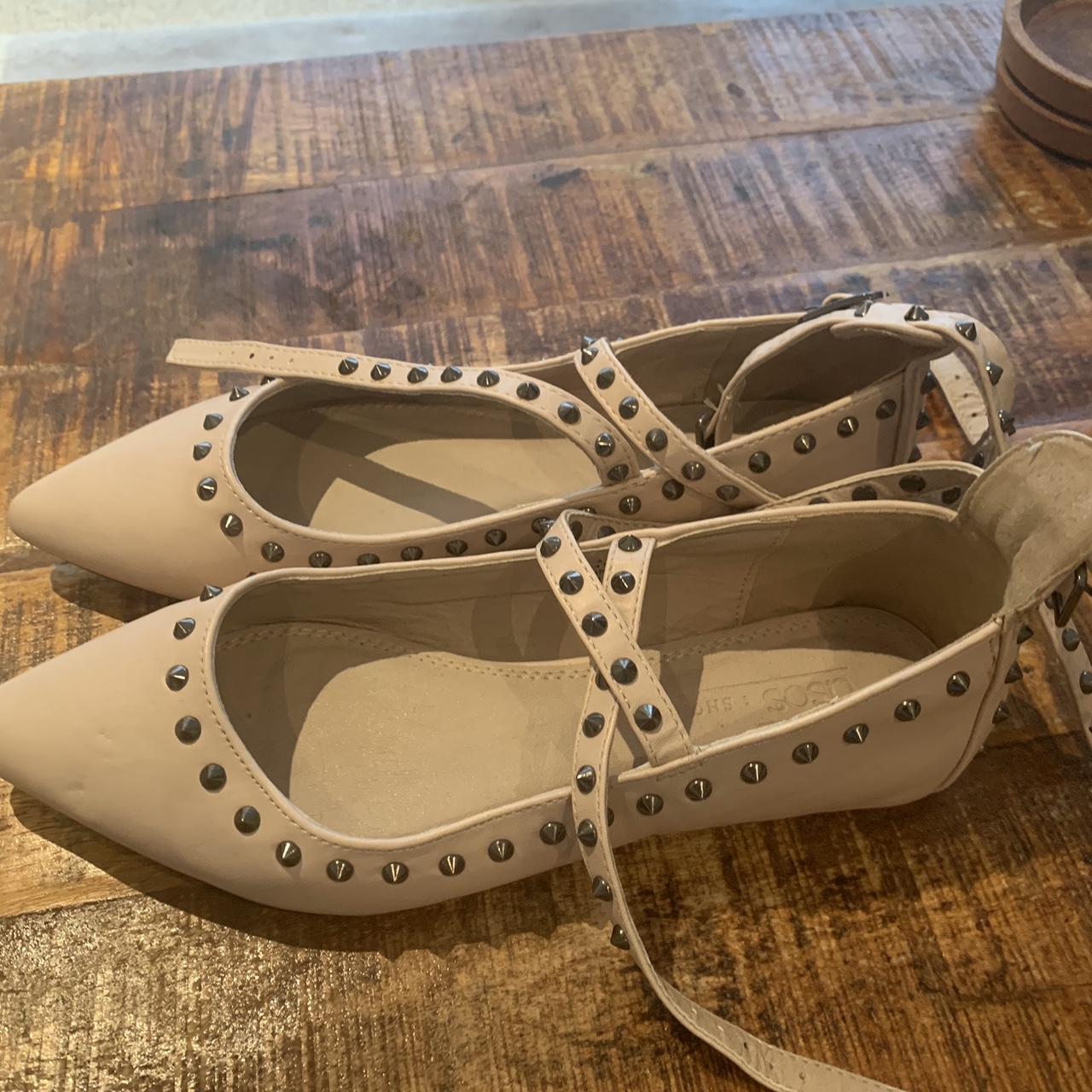 Cream flat ballet pumps with studs and Size 4 Asos... Depop