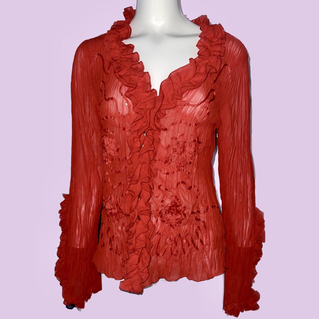 vintage mesh kaelyn max red ruffle flare long sleeve... - Depop