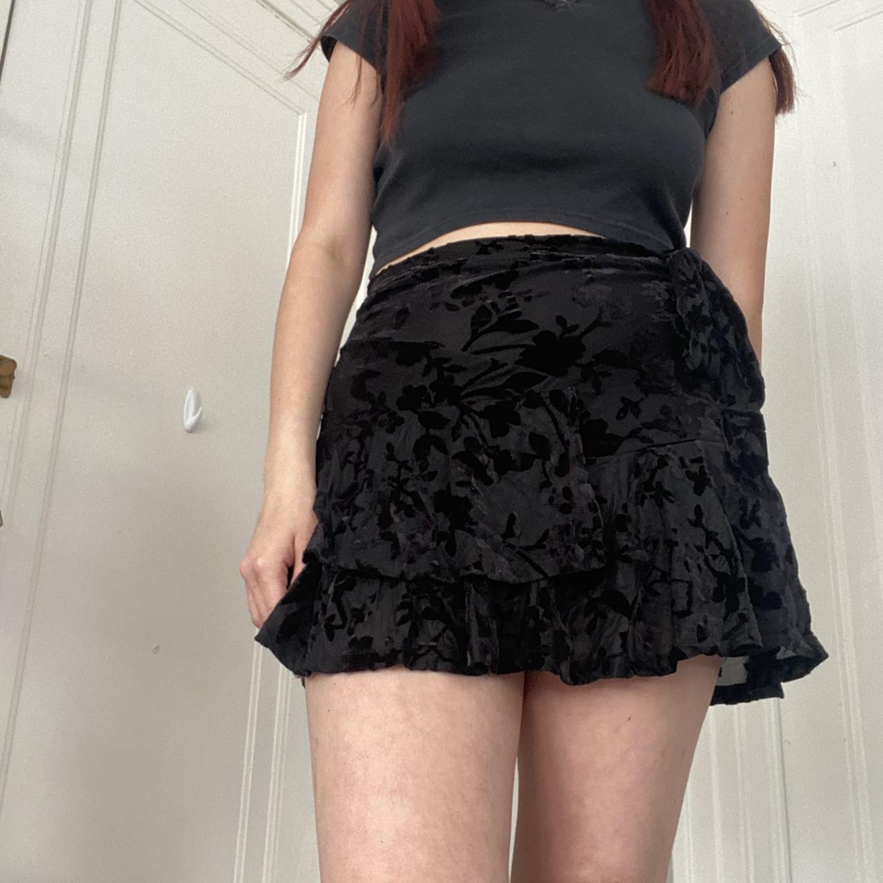 flowy black floral velvet mini skirt from forever... - Depop
