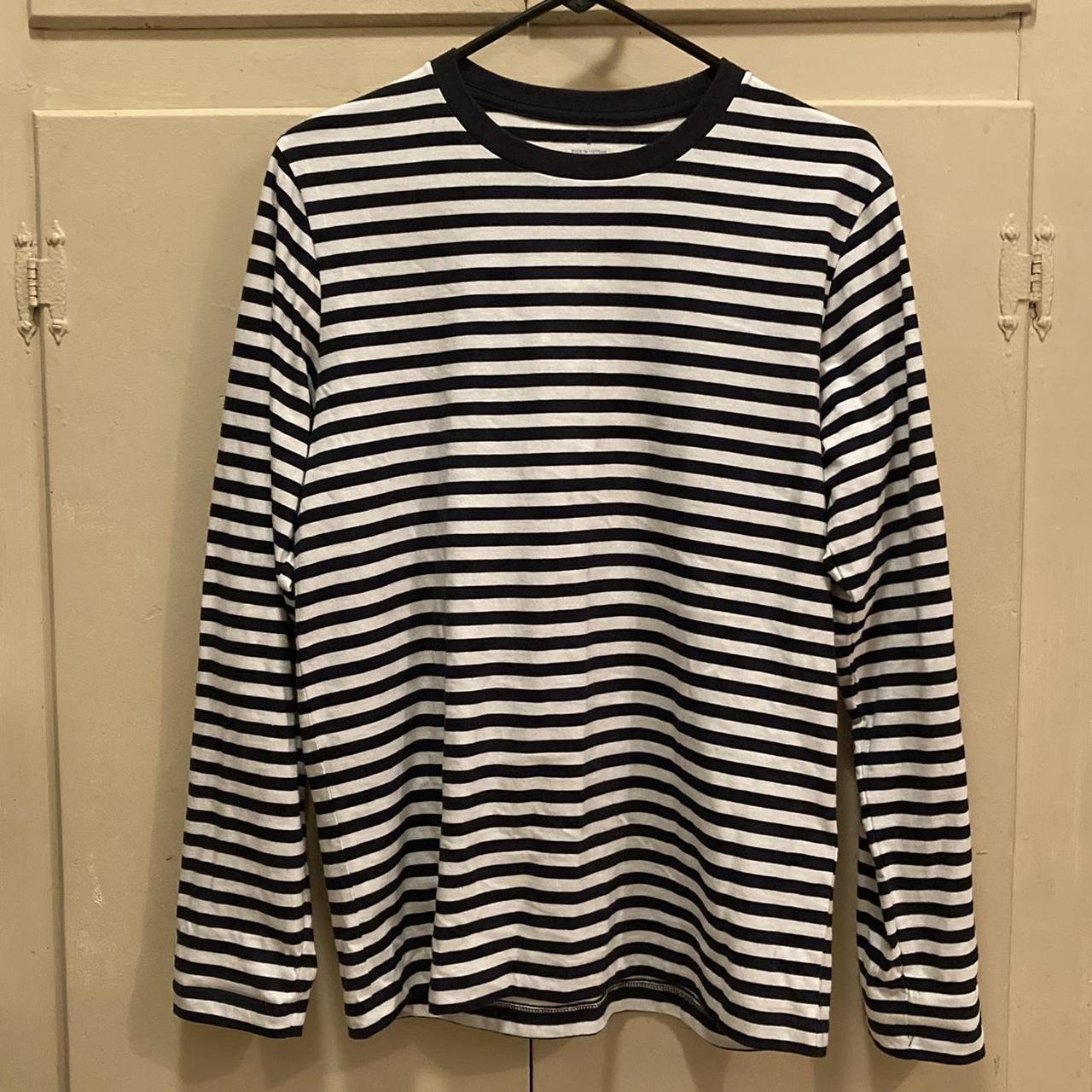 Muji Navy Striped Long-sleeve Size: Small #muji... - Depop