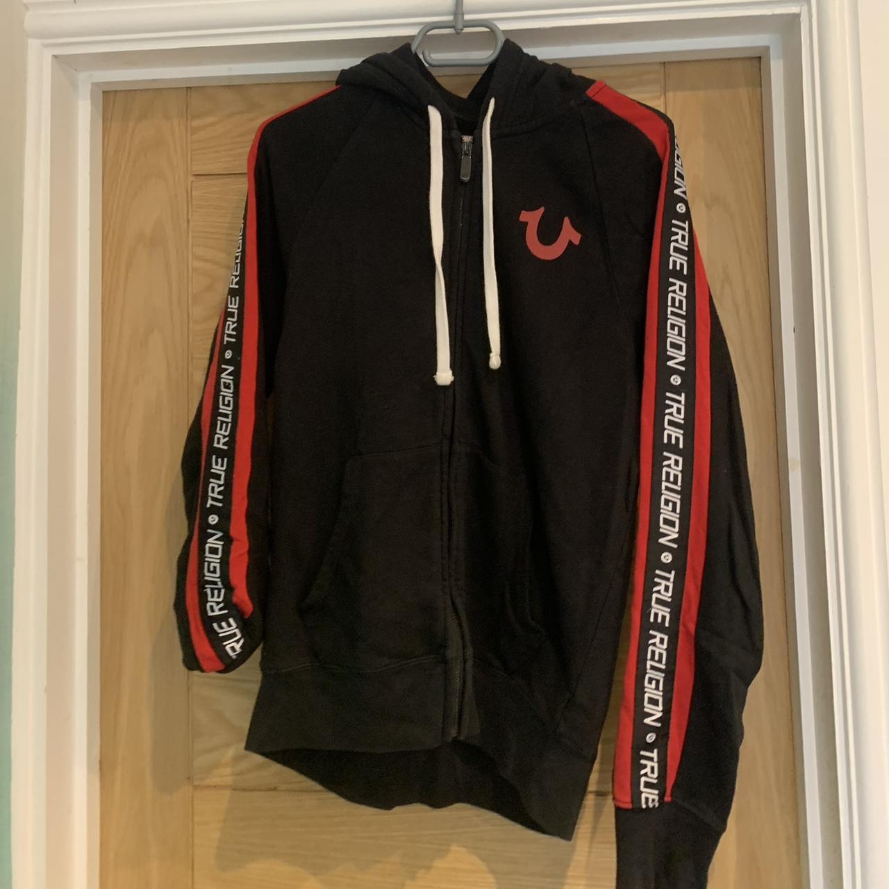 men's small black and red true religion zip up... - Depop