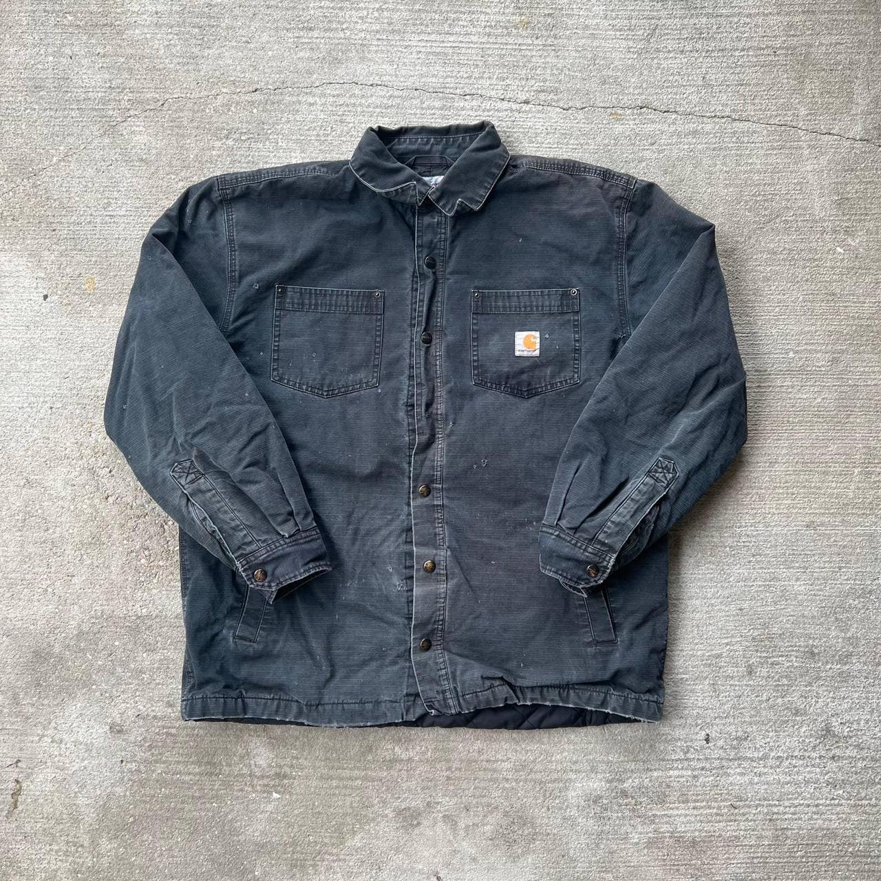 Vintage black faded Carhartt button up jacket. Newer... - Depop