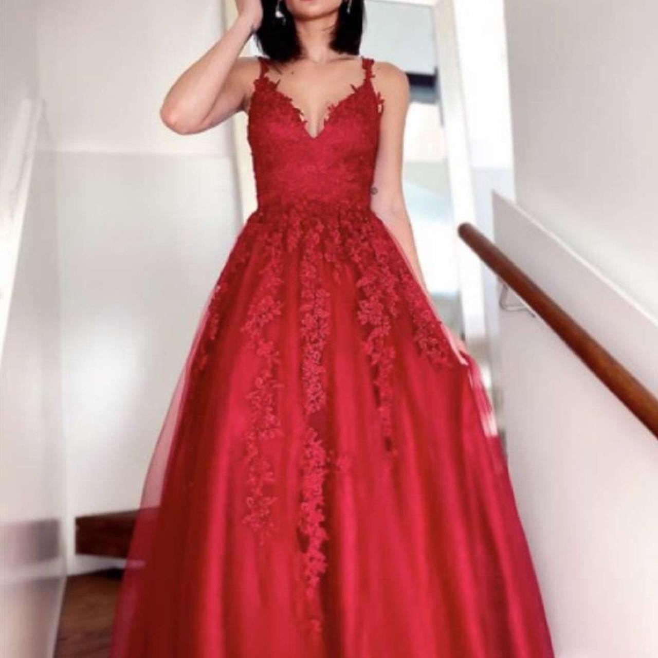 hebeos long A line red prom dress - never worn,... - Depop