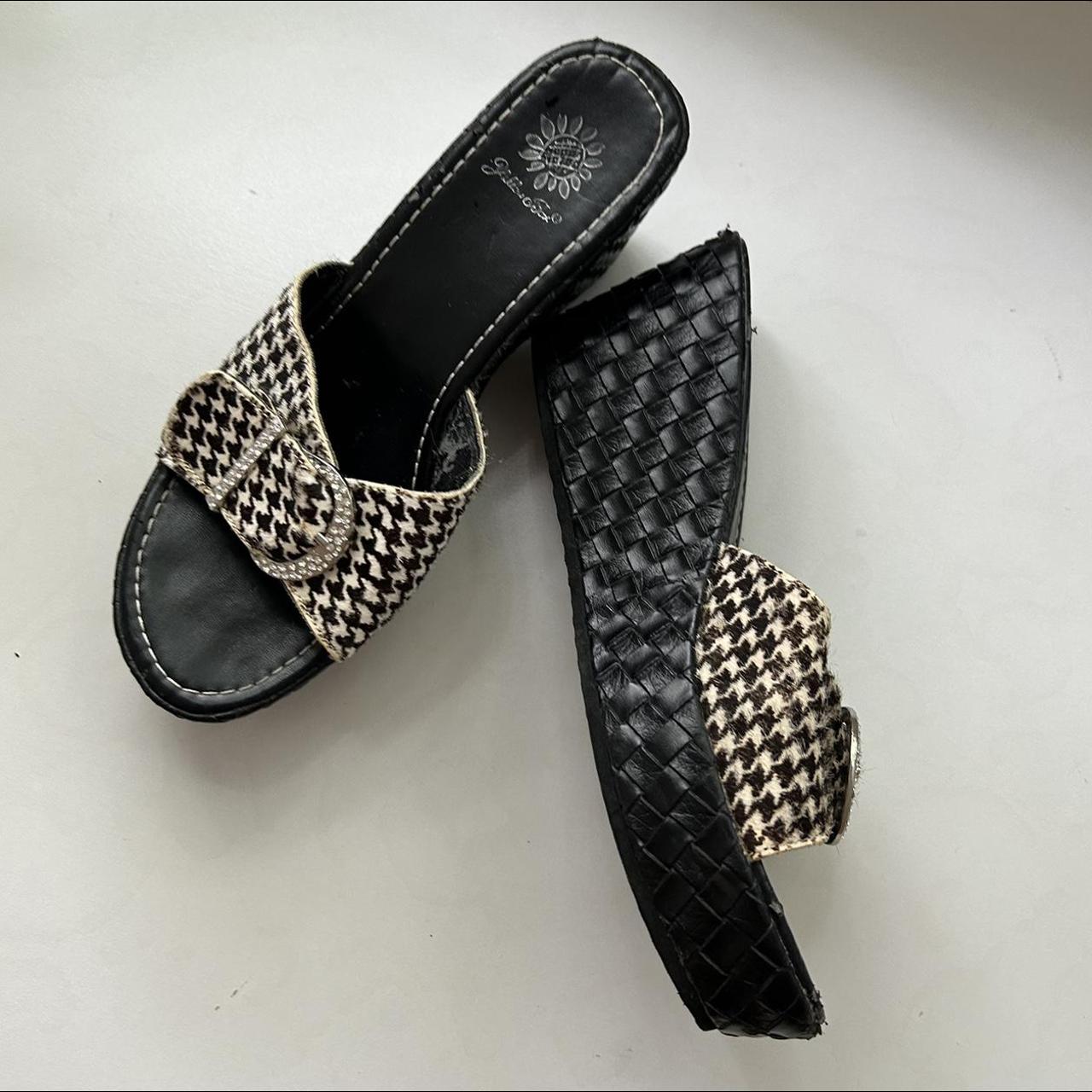 Yellow Box Women's Black and White Mules Depop