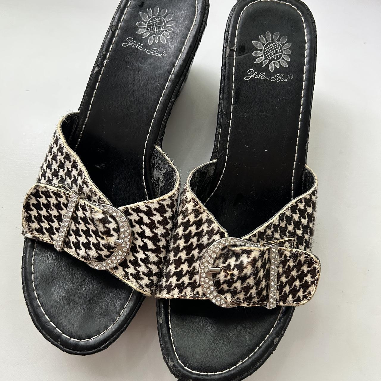 Yellow Box Women's Black and White Mules Depop