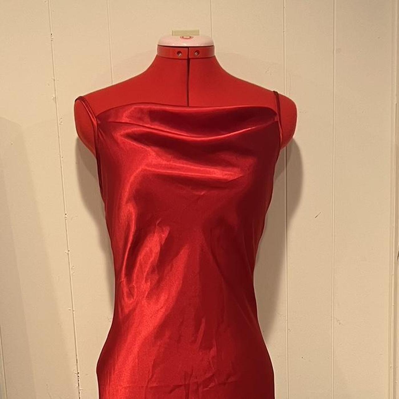 bebe red satin bias cut slip dress,