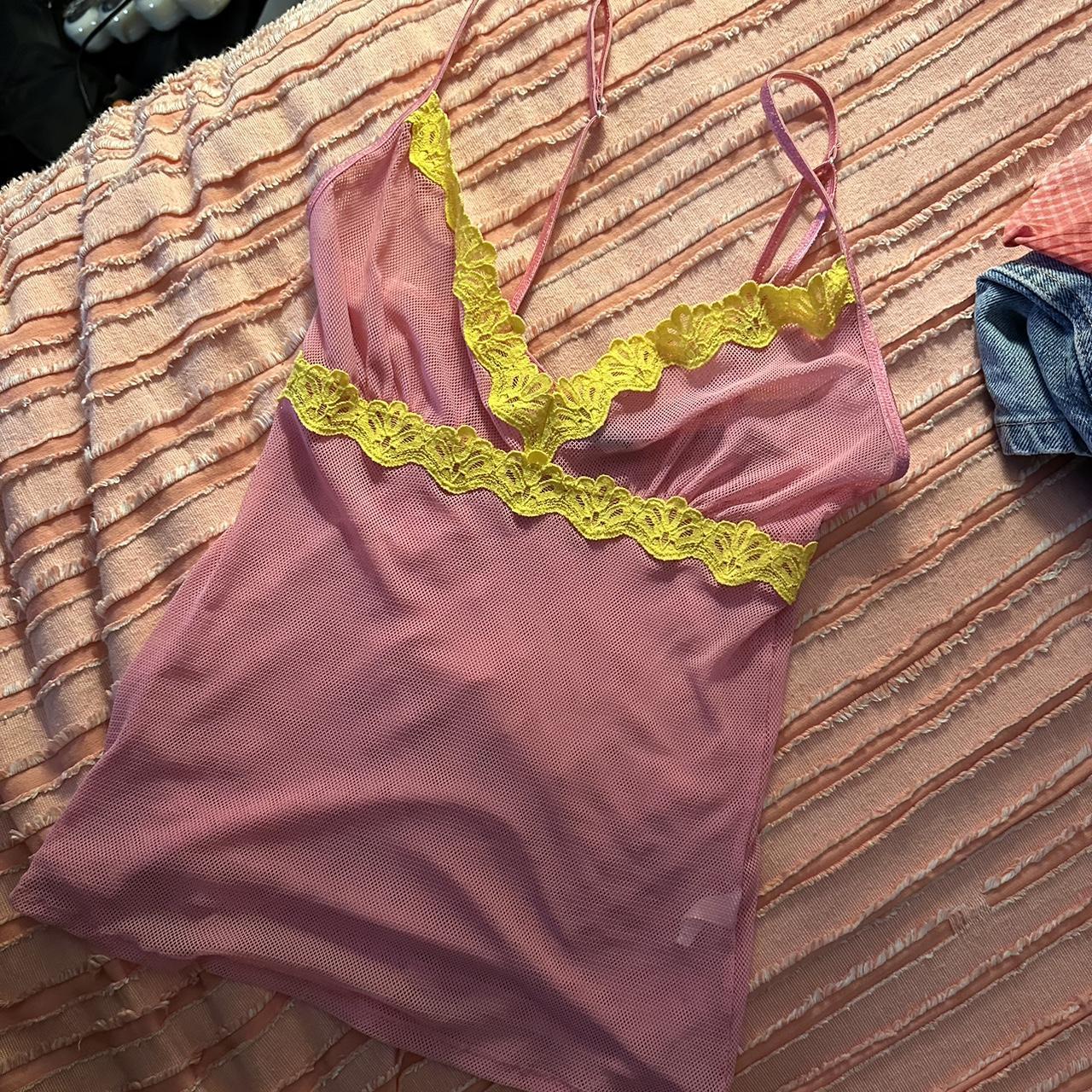 Mesh pink tank top 🛍️🎀🍭💝 Yellow lace trimming,... - Depop