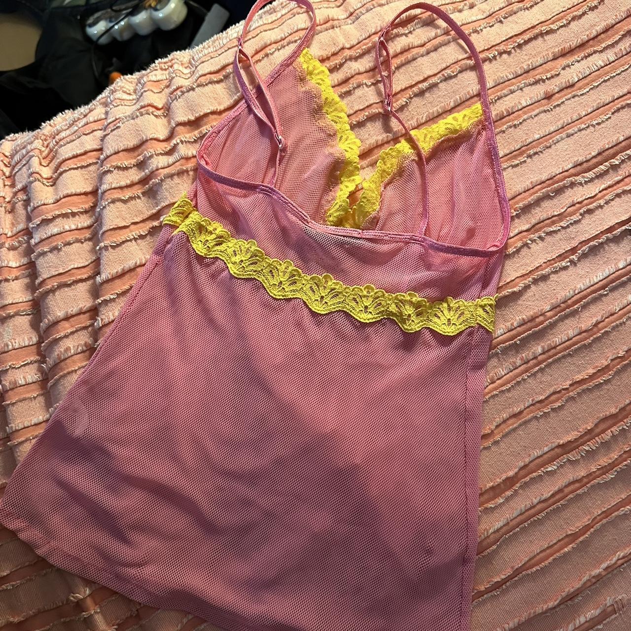 Mesh pink tank top 🛍️🎀🍭💝 Yellow lace trimming,... - Depop