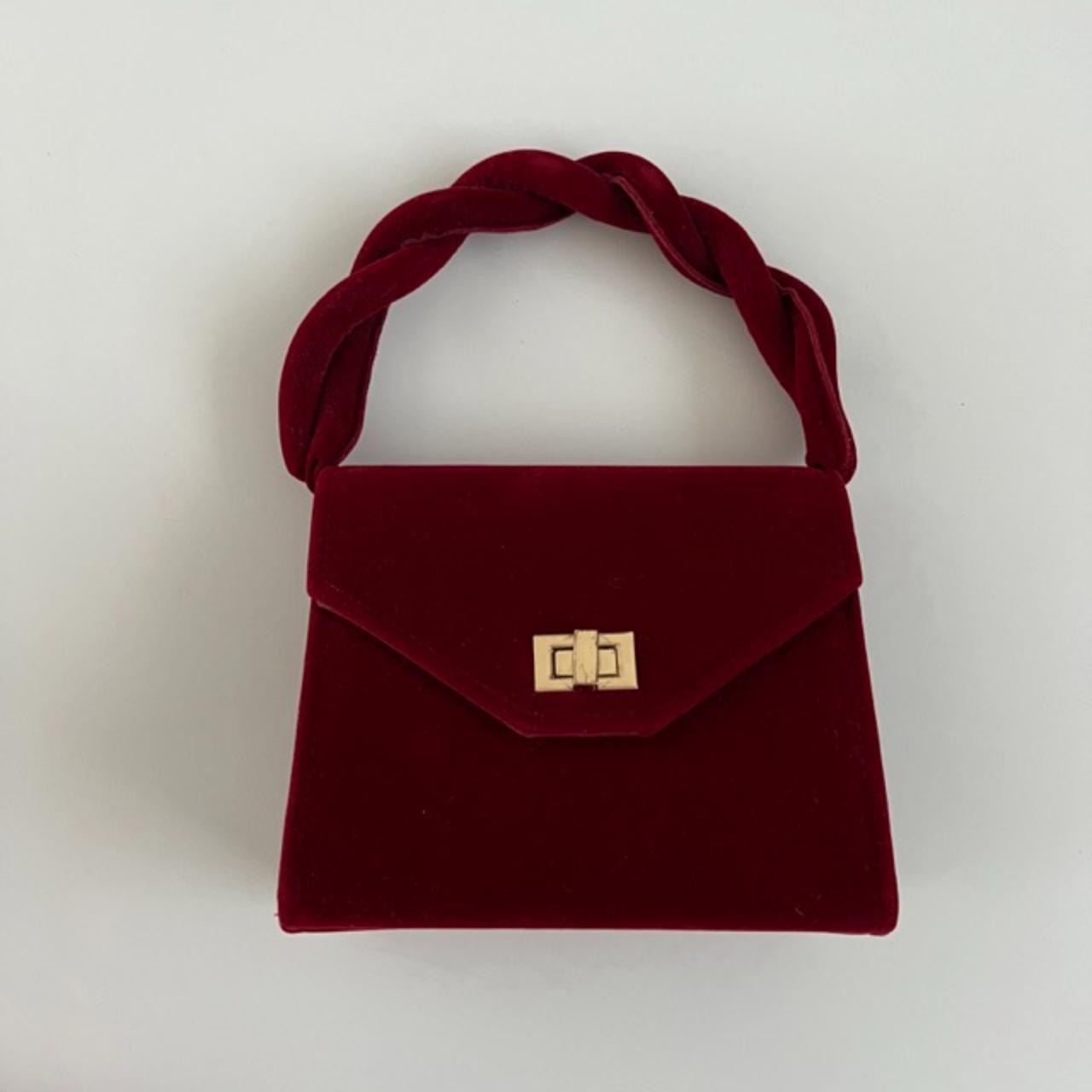 Red velvet purse, with short handle and long gold strap - Depop