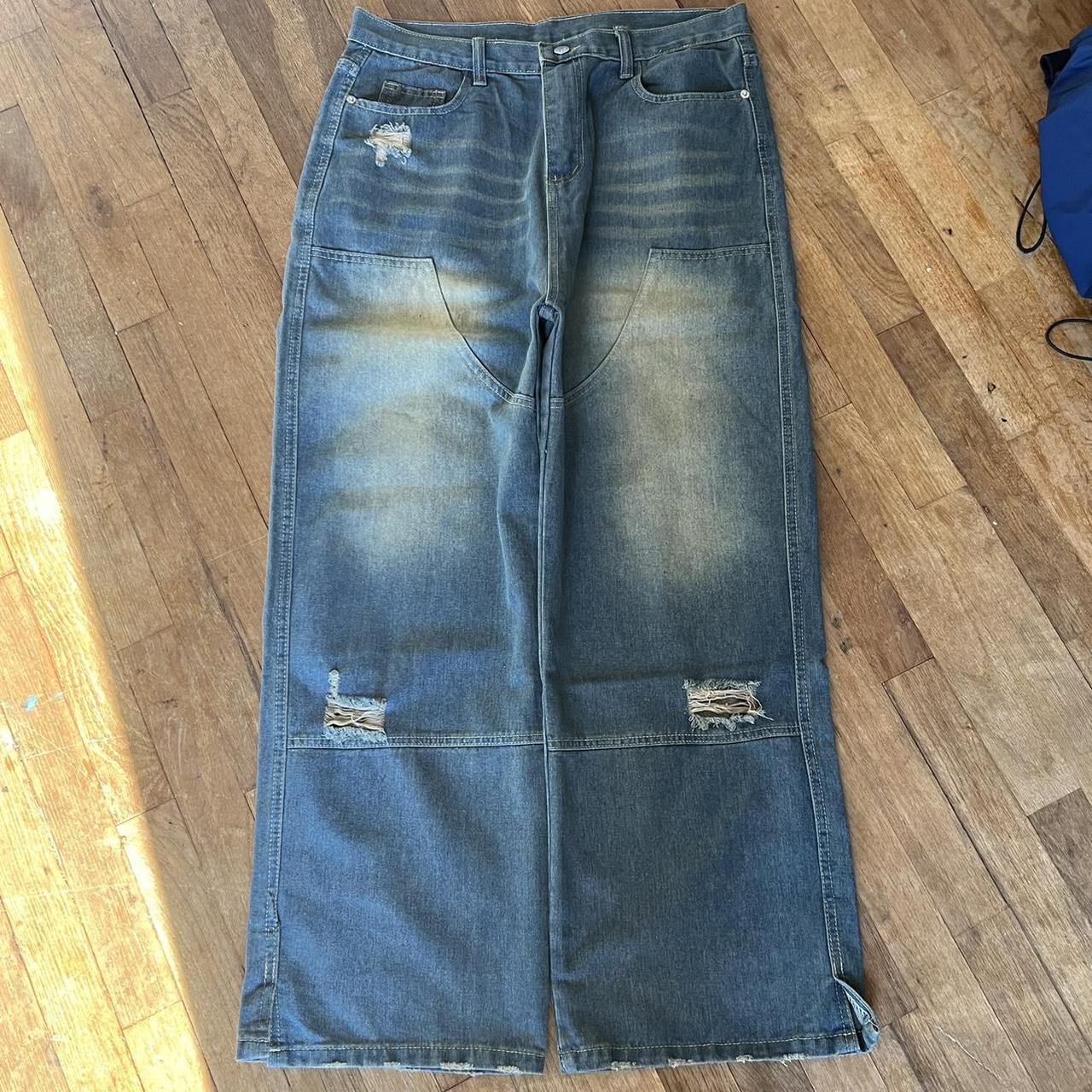 y2k/2000s baggy faded doubleknee jeans the sickest... - Depop