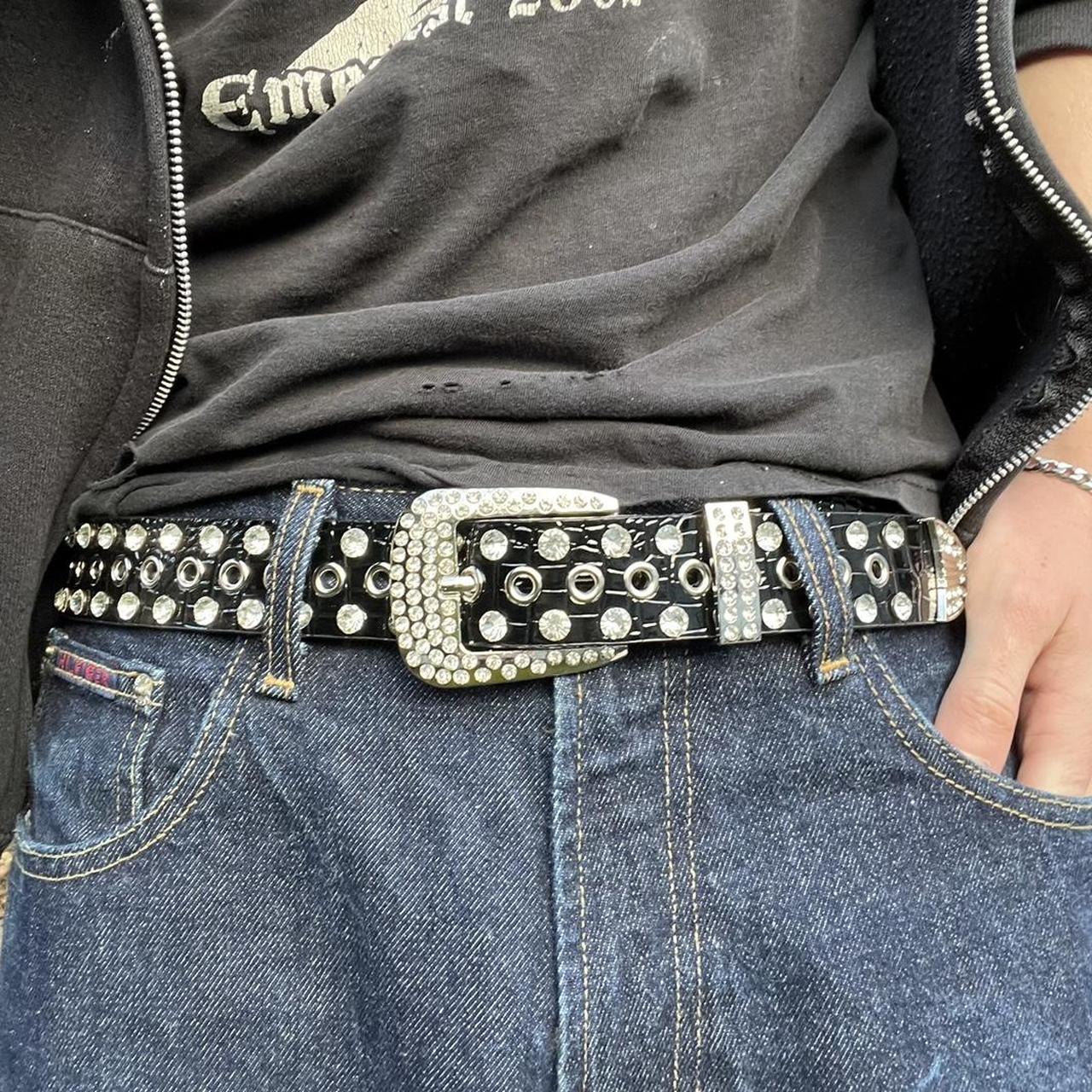 cyber y2k black studded rhinestone grunge belt... - Depop