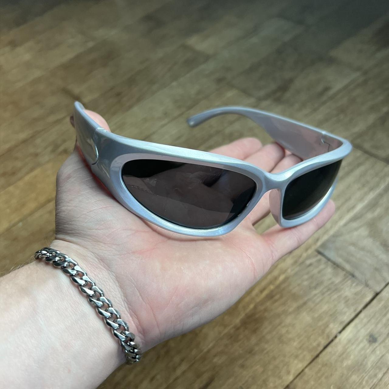 y2k style cyber grunge metallic silver sunglasses... - Depop