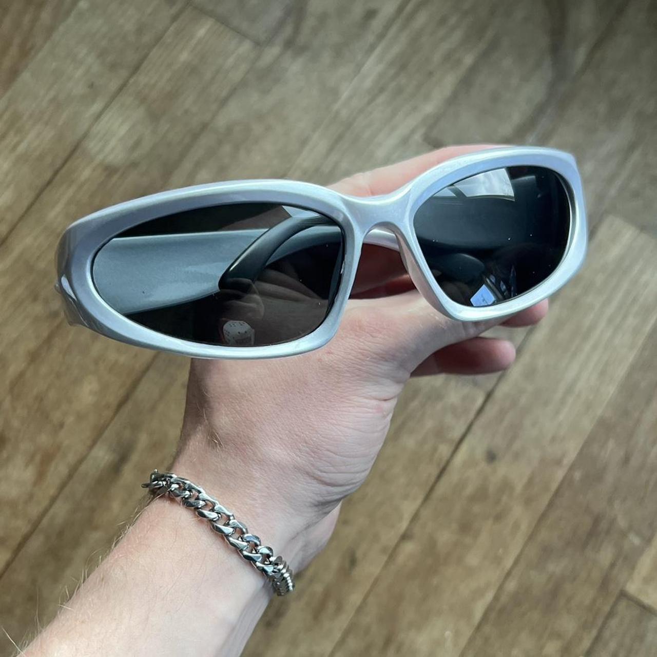 y2k style cyber grunge metallic silver sunglasses... - Depop