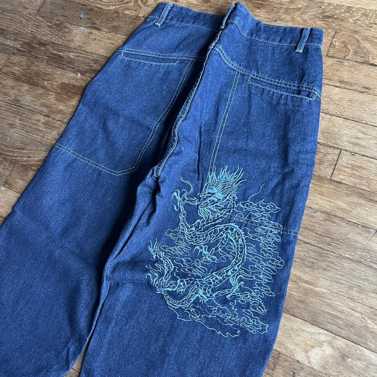 y2k/2000s baggy embroidered dragon jeans super... - Depop