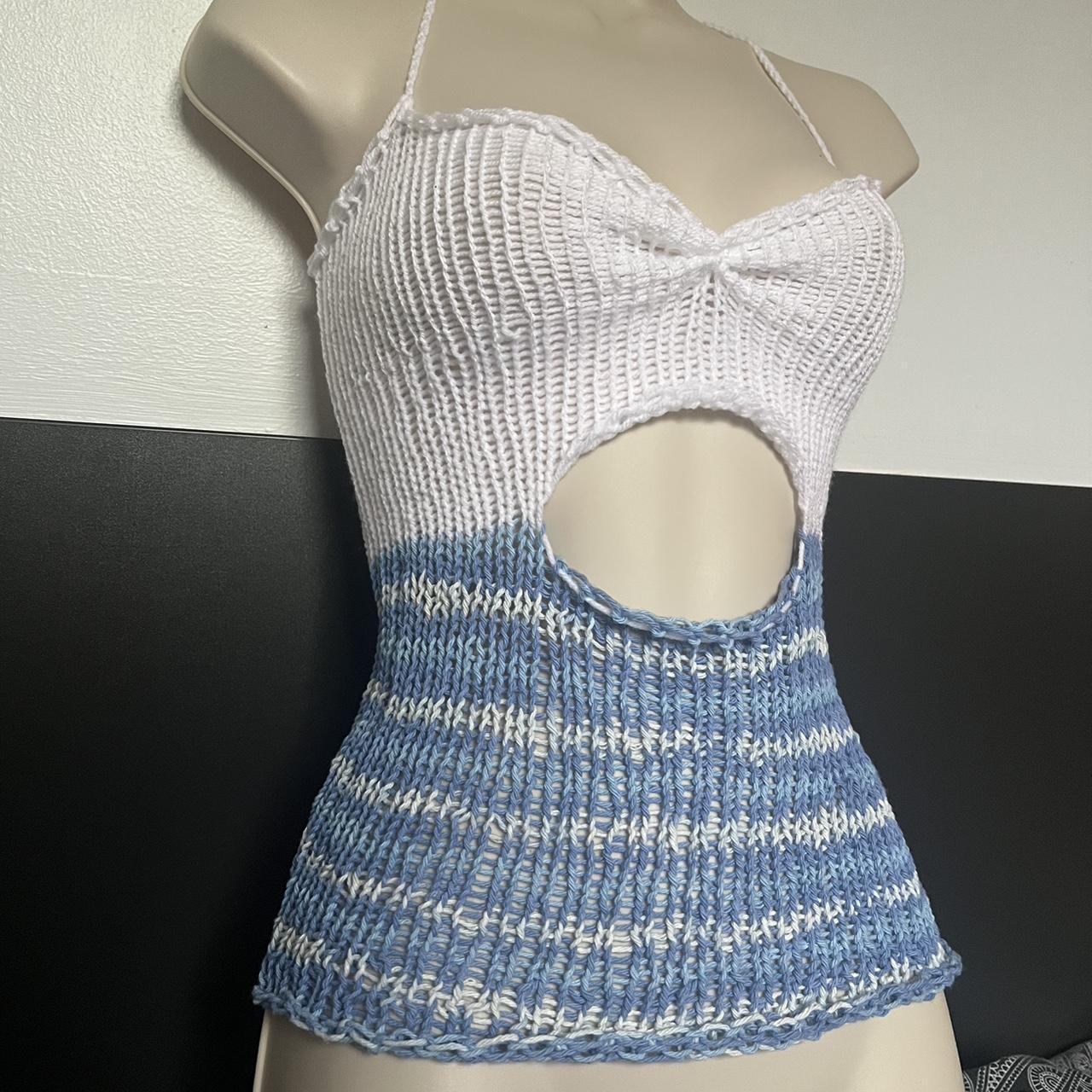 Cutout blue and white halter tie handknit top Would... Depop
