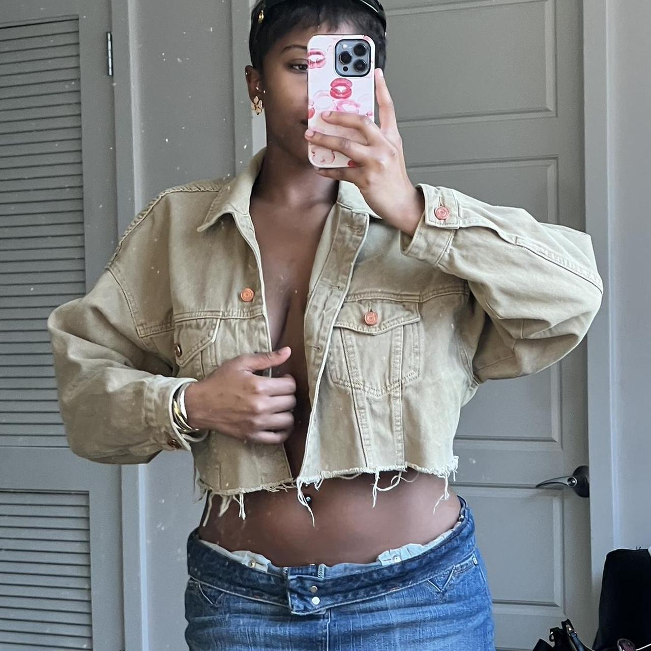 Desert Beige denim cropped jacket Bottom of jacket