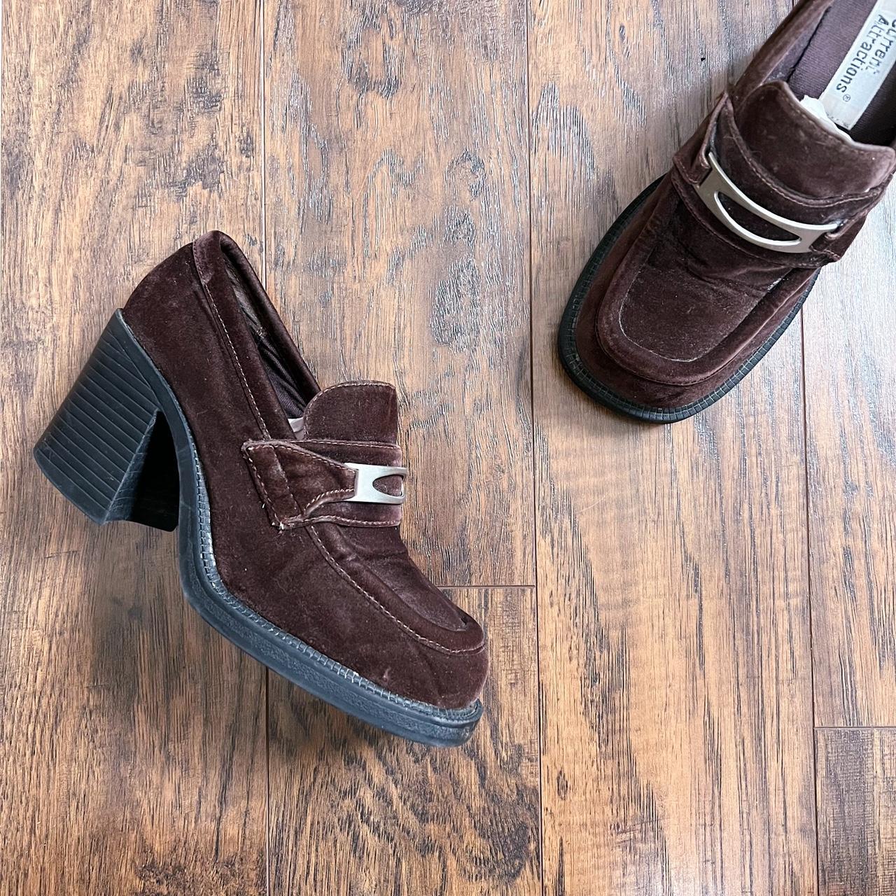 vintage 90s Y2K chunky brown velvet loafer platform... - Depop