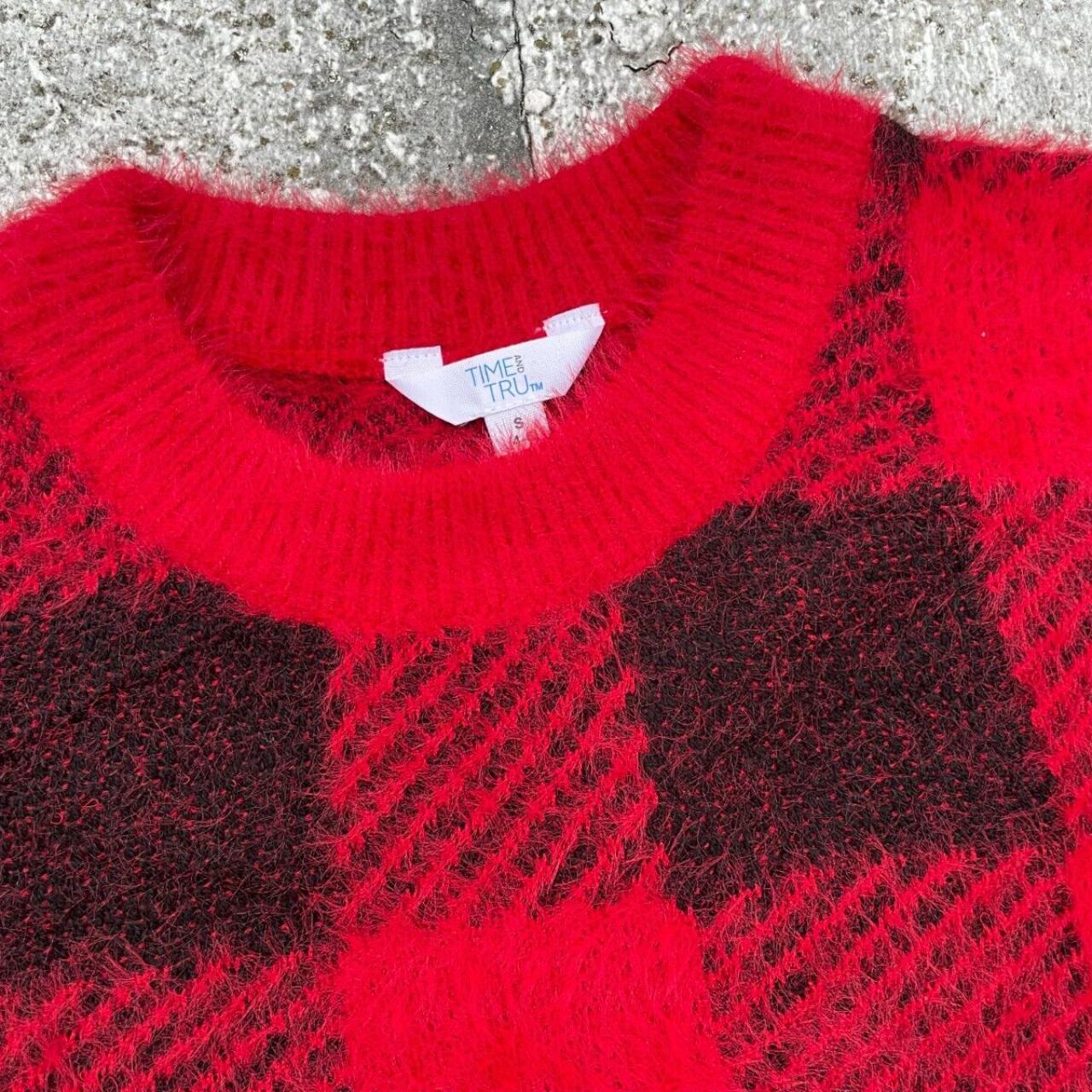 Time and Tru Women Sweater Top Red/Black Plaid Lonf - Depop