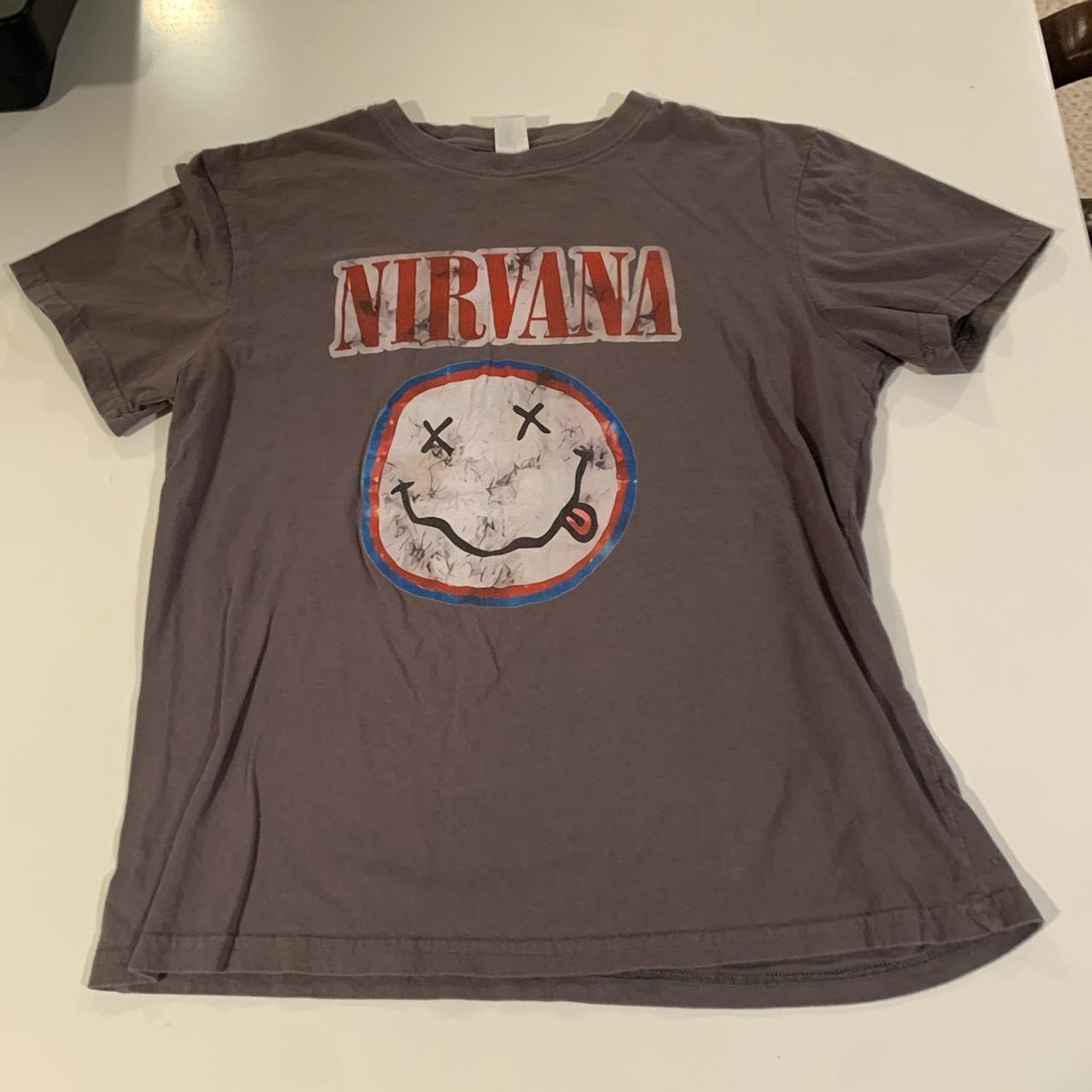 Grey/Brown Nirvana t shirt with blue and red grunge... - Depop