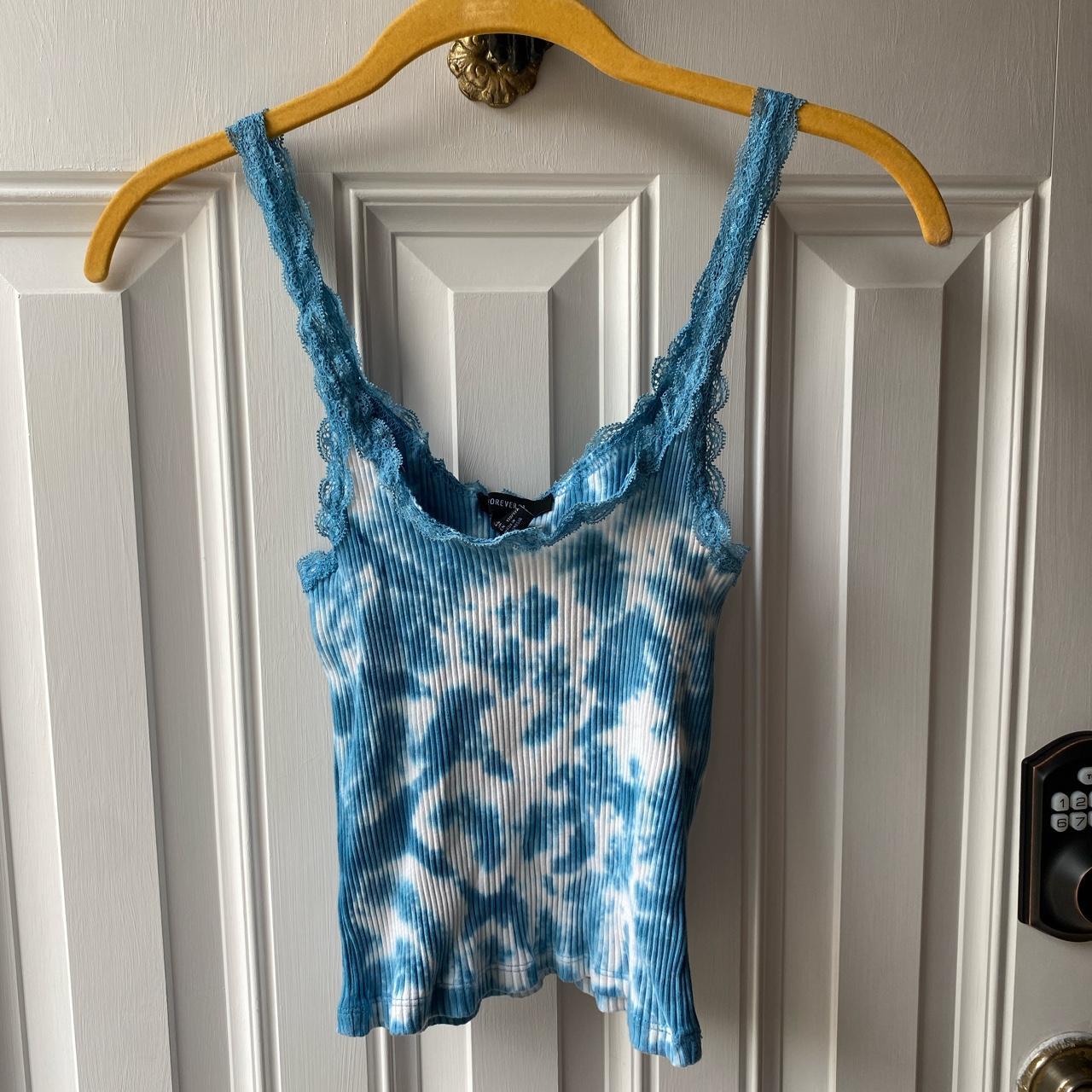 Blue and white tie dye stretchy tank w/ lace straps.... - Depop