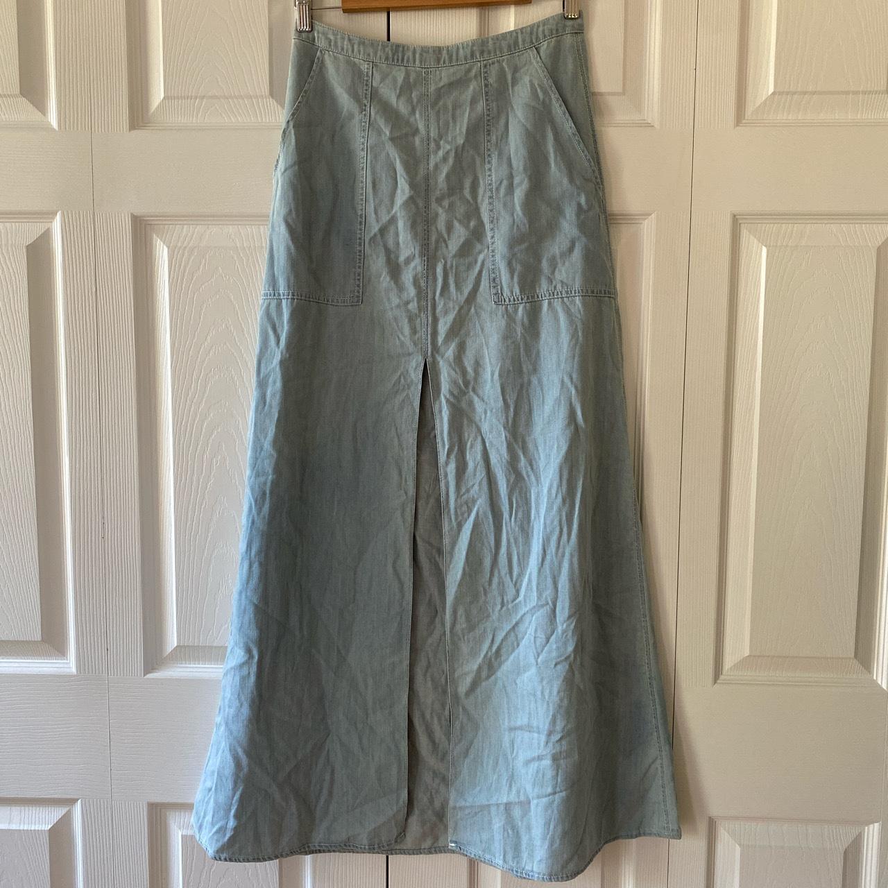 Denim maxi skirt with a big front slip. Size 4 Depop