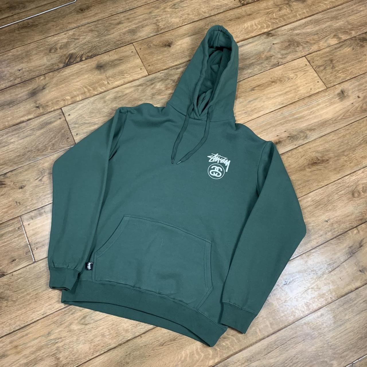 Stüssy Men's White and Green Hoodie | Depop