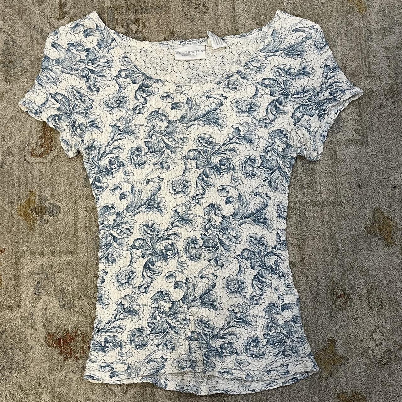 Worthington Women's Blue and White Shirt | Depop