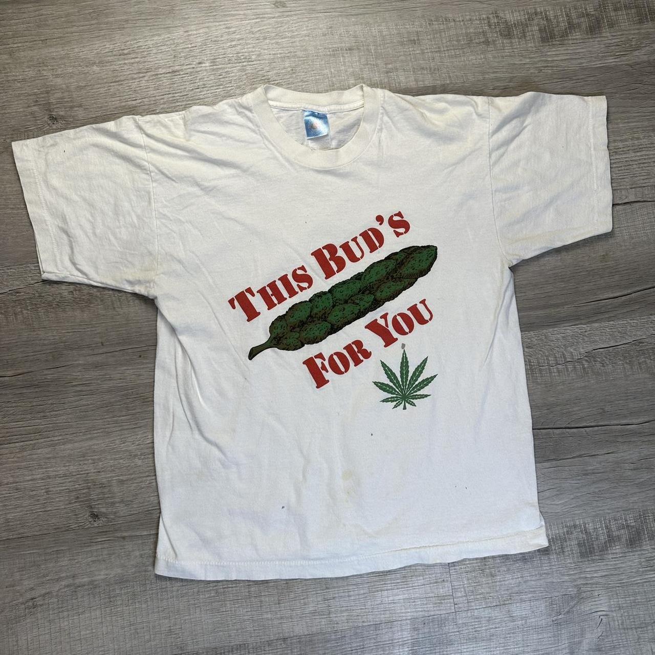 Vintage 90s Weed parody “This Bud's for you” T... - Depop