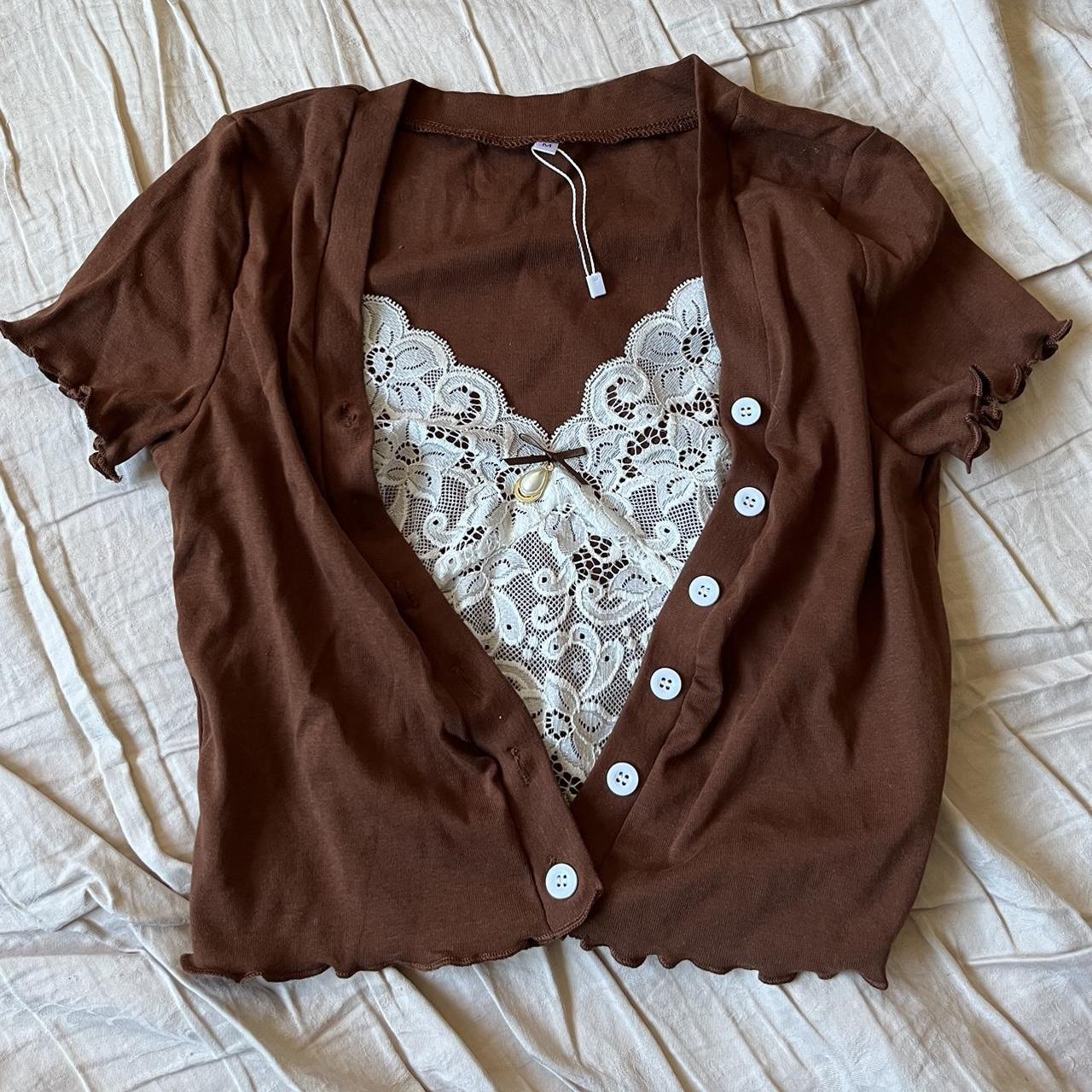 Women's Brown and White Crop-top | Depop