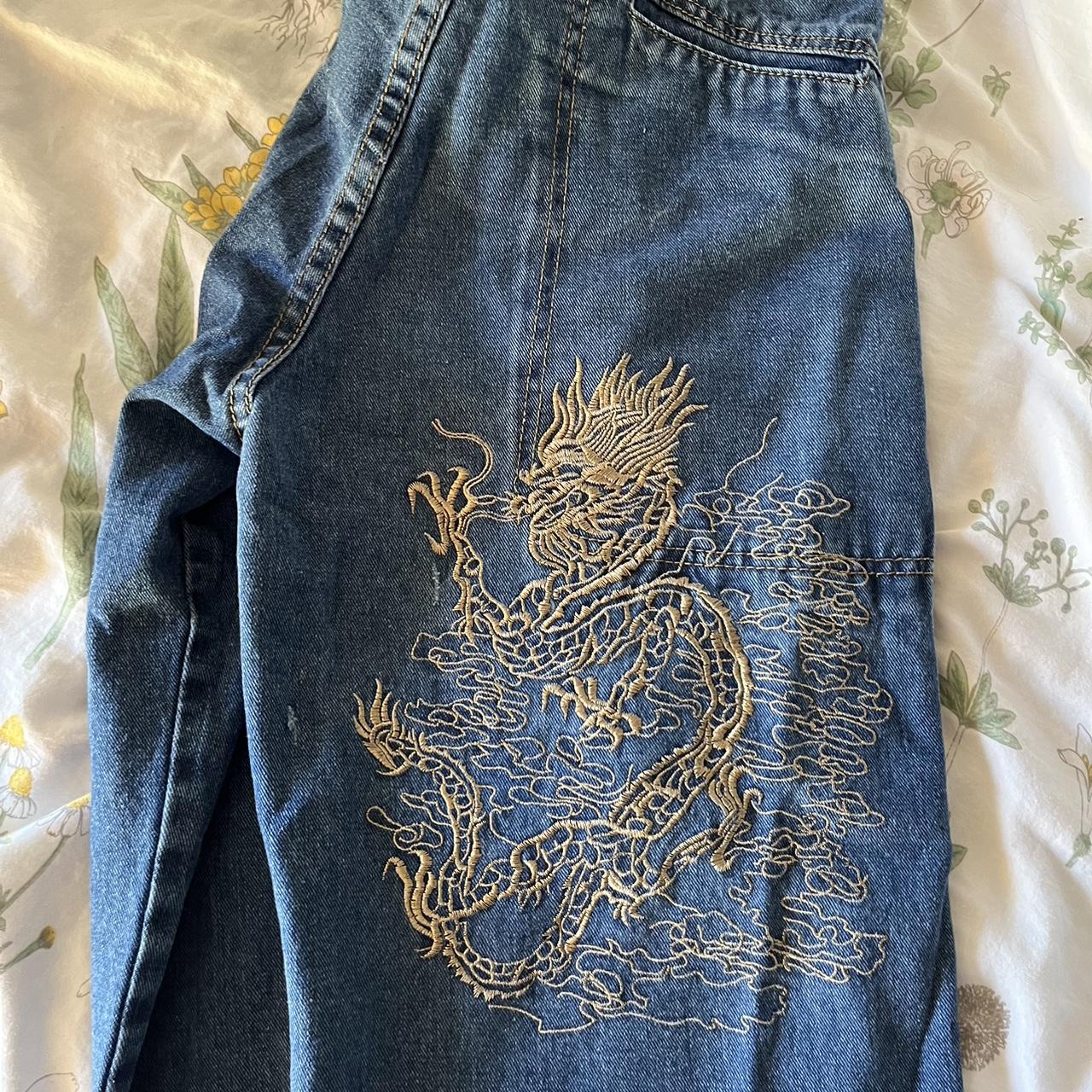 embroidered dragon jeans