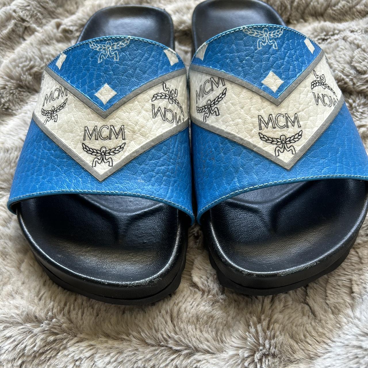 Blue mcm slides hot sale