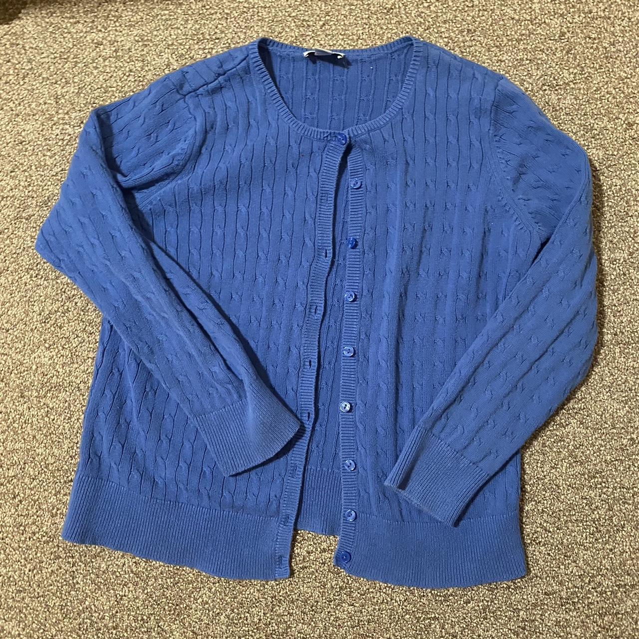 Ann Taylor blue cable knit button up sweater size XL... - Depop