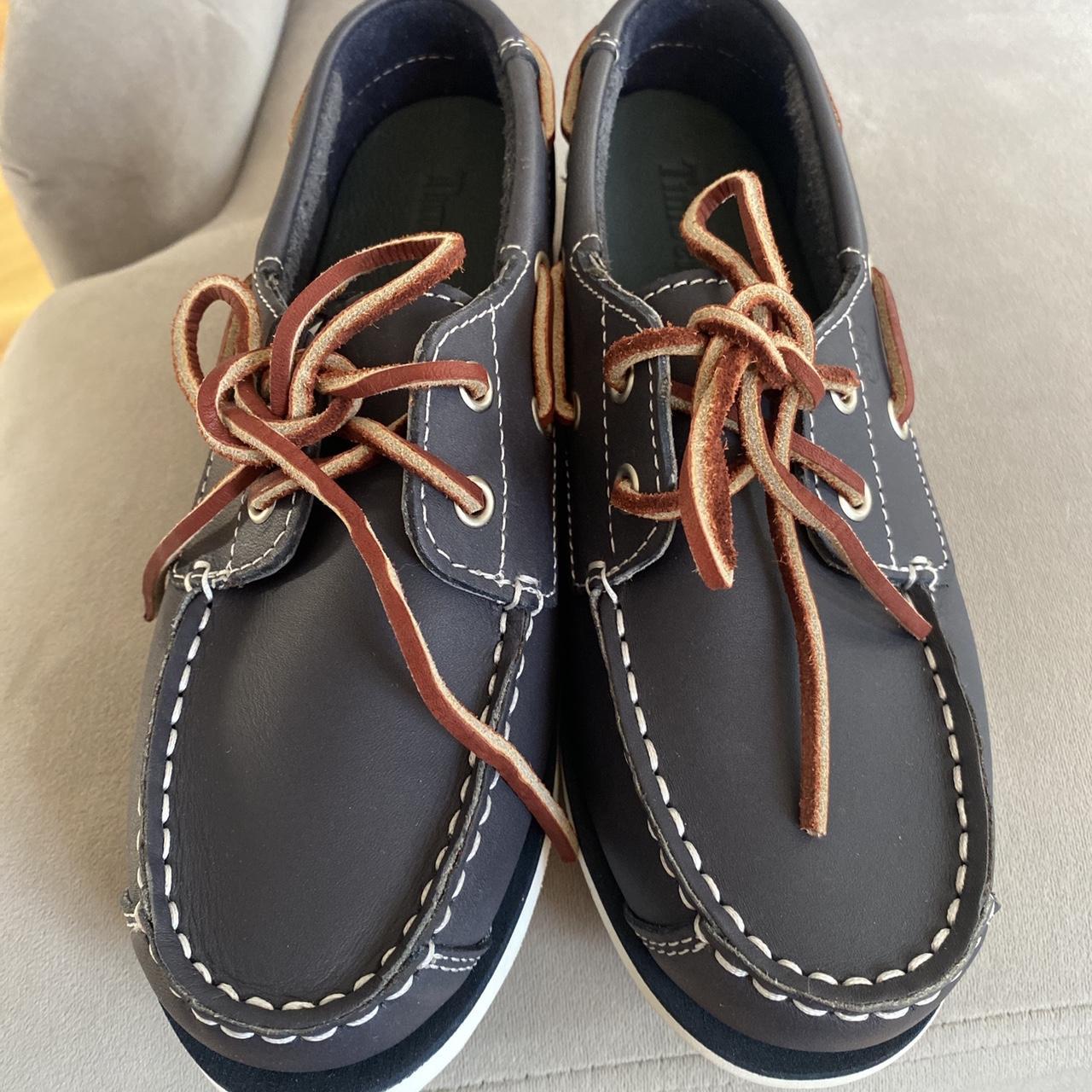 timberland classic boat shoes kids size 2 navy... - Depop