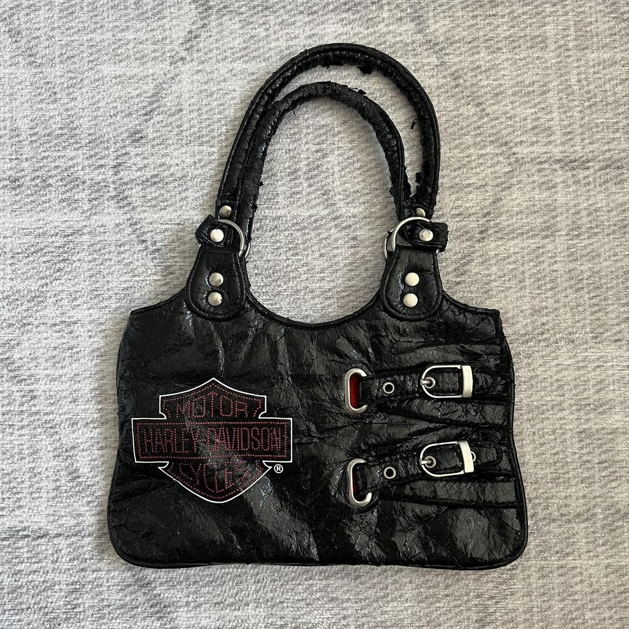 Harley Davidson Hand Bag - Vintage Black Leather Bag - Woman's Black  Leather Purse