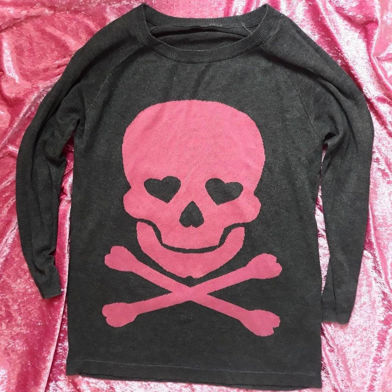 Y2k tunic long sweater, with a pink skull gives... - Depop
