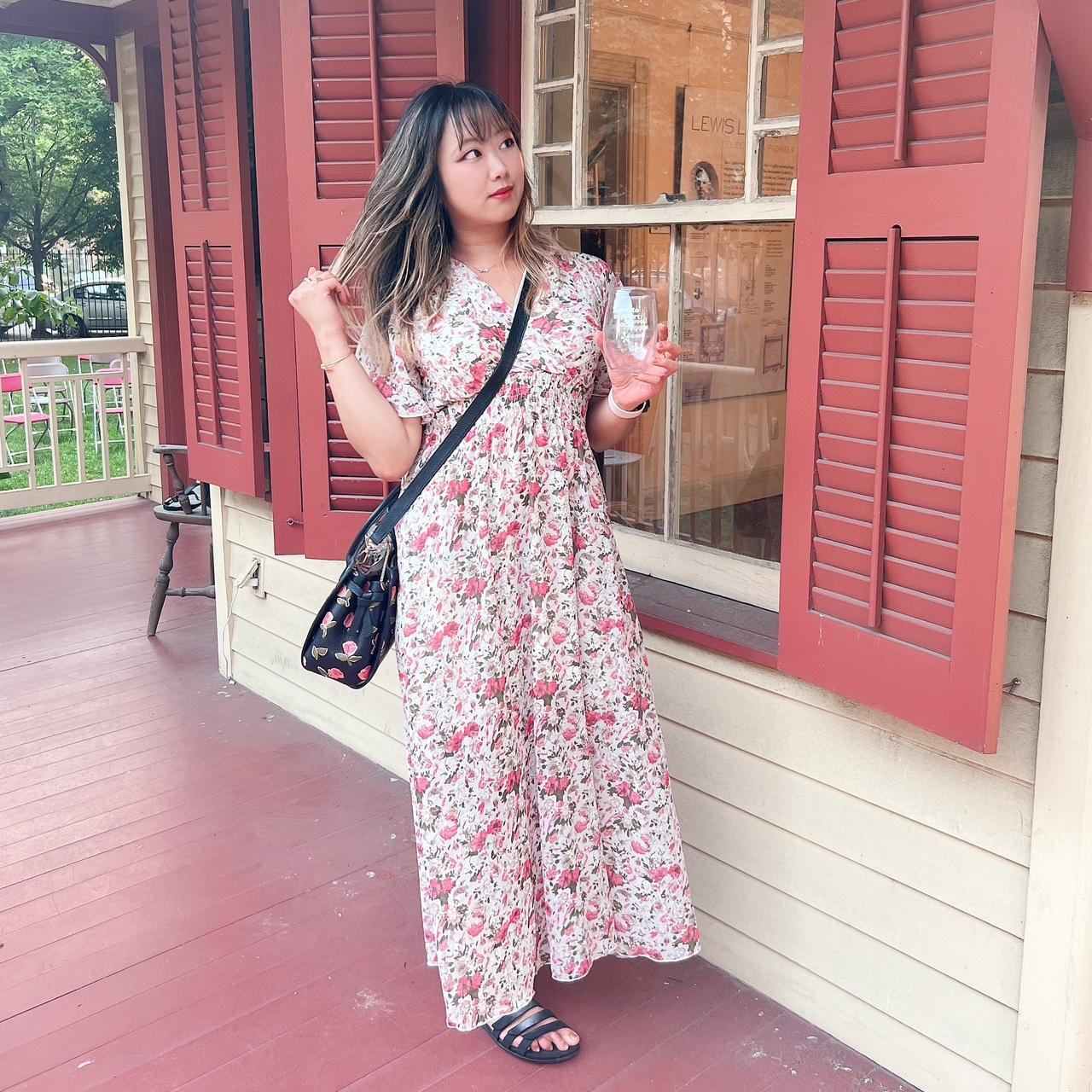 Elegant pink floral summer maxi dress with faux wrap... - Depop